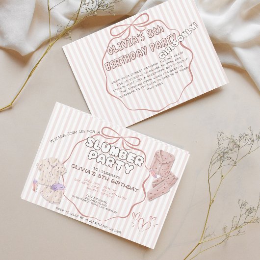 Coquette slumber party roze strepen verjaardag kaart
