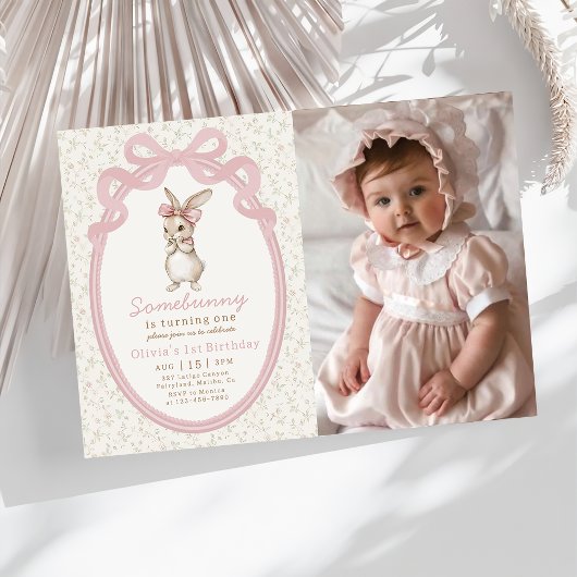 Coquette Some Bunny 1st Birthday Photo Invitation Kaart