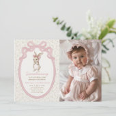 Coquette Some Bunny 1st Birthday Photo Invitation Kaart (Staand voorkant)