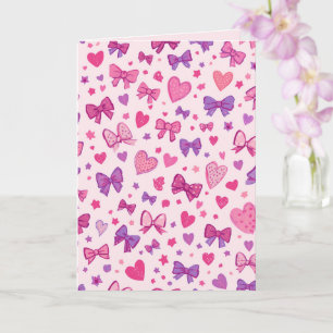 Coquette stijl roze paarse strik en hartpatroon kaart