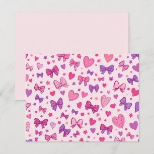 Coquette stijl roze paarse strik en hartpatroon notitiekaartje