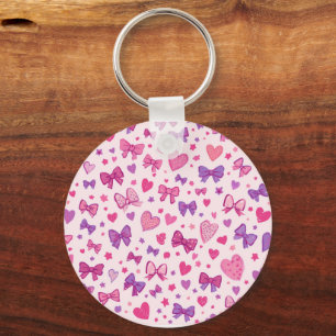 Coquette stijl roze paarse strik en hartpatroon sleutelhanger