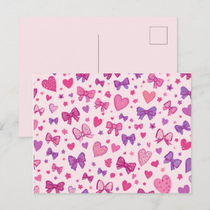 Coquette stijl roze paarse strik & hart patroon briefkaart