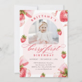 Coquette Strawberry 1e verjaardag uitnodiging (Voorkant)