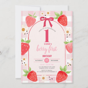 Coquette Strawberry 1e verjaardagsfeest uitnodigin Kaart