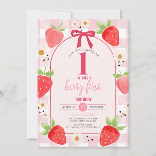 Coquette Strawberry 1st Birthday Party Invite Kaart (Voorkant)
