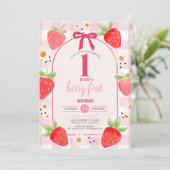 Coquette Strawberry 1st Birthday Party Invite Kaart (Staand voorkant)
