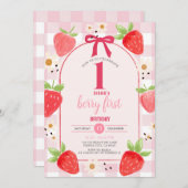 Coquette Strawberry 1st Birthday Party Invite Kaart (Voorkant / Achterkant)