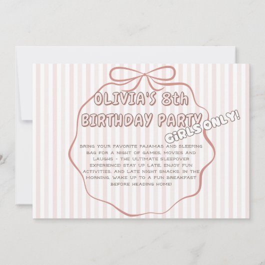 Coquette strepen & boog pyjama party verjaardag kaart (Achterkant)