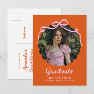 Coquette Strik Retro Oranje & Roze Afstudeerfoto Uitnodiging Briefkaart