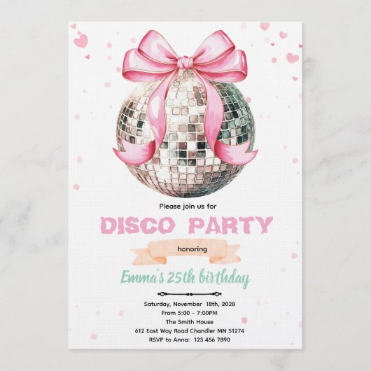 Coquette strik uitnodiging discofeest (Voorkant)