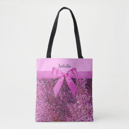 Coquette Strikje & Roze Paarse Glitter Naam Schrif Tote Bag