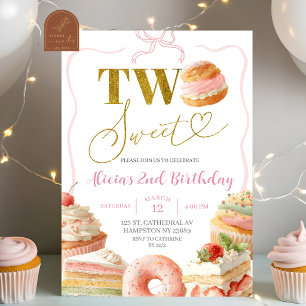 Coquette Strikje Zoete Cake 2e Verjaardagsuitnodig Kaart