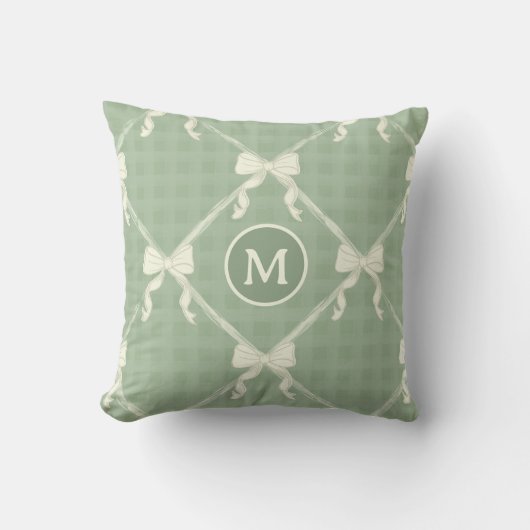 Coquette Strikjes Gingham Monogram Crème Saliegroe Kussen (Voorkant)