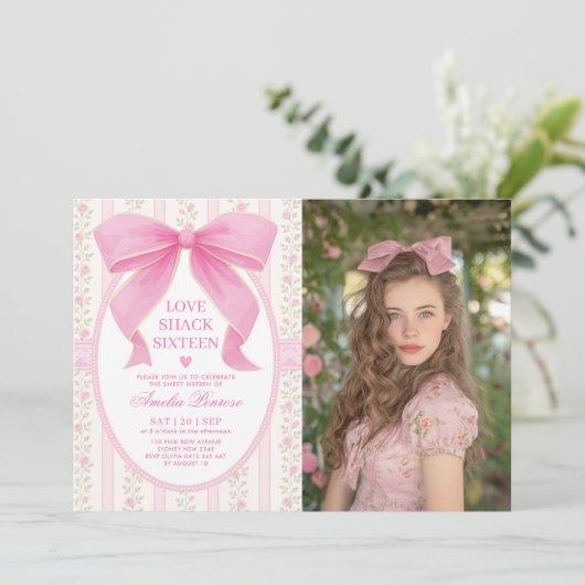 Coquette Sweet 16 Pink Bow Birthday Photo Kaart (Staand voorkant)