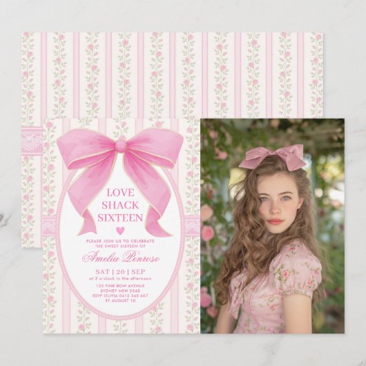 Coquette Sweet 16 Pink Bow Birthday Photo Kaart (Voorkant / Achterkant)