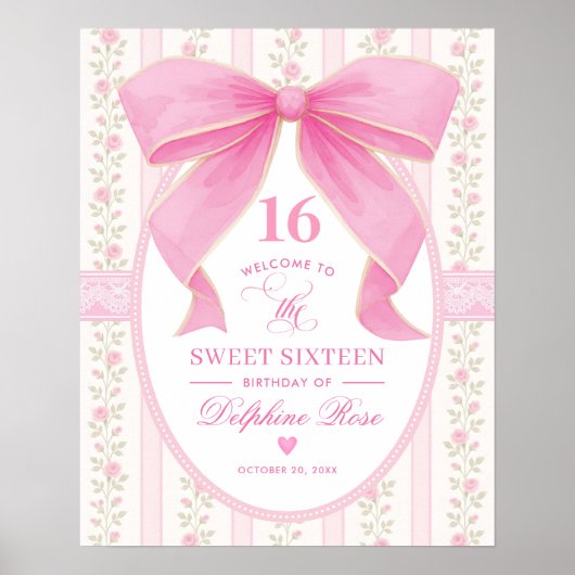 Coquette Sweet 16 Pink Bow Roses Welcome Poster (Voorkant)