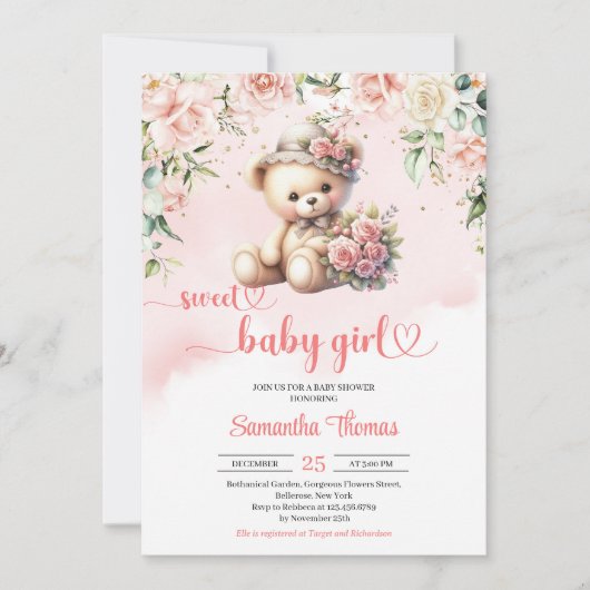 Coquette teddybeer met bloemen meisje baby shower kaart (Voorkant)