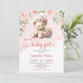 Coquette teddybeer met bloemen meisje baby shower kaart (Staand voorkant)