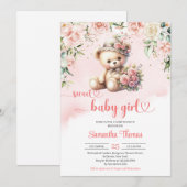 Coquette teddybeer met bloemen meisje baby shower kaart (Voorkant / Achterkant)