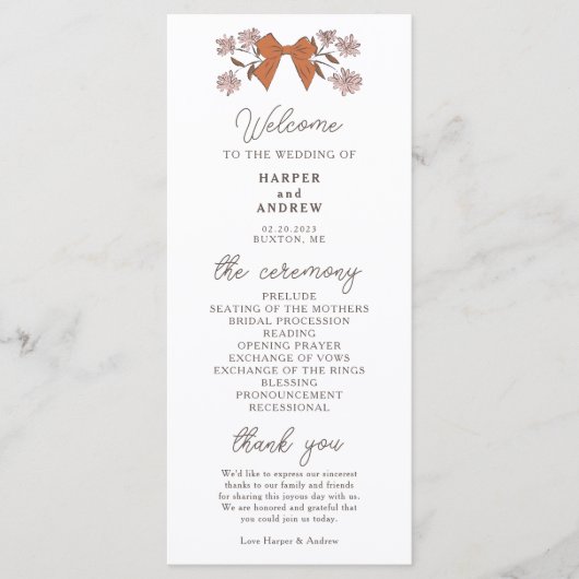 Coquette Terracotta Bows Wedding Ceremony Programm Programmakaart (Voorkant)