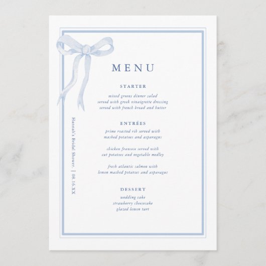 Coquette Toile Blauwe Strik Bruiloft Feest Menu (Voorkant)