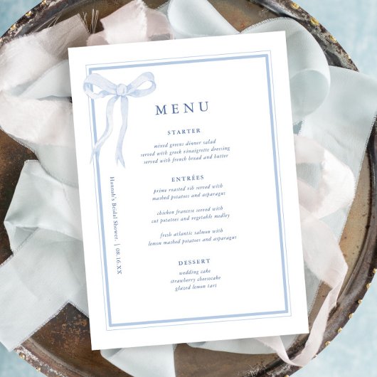 Coquette Toile Blauwe Strik Bruiloft Feest Menu