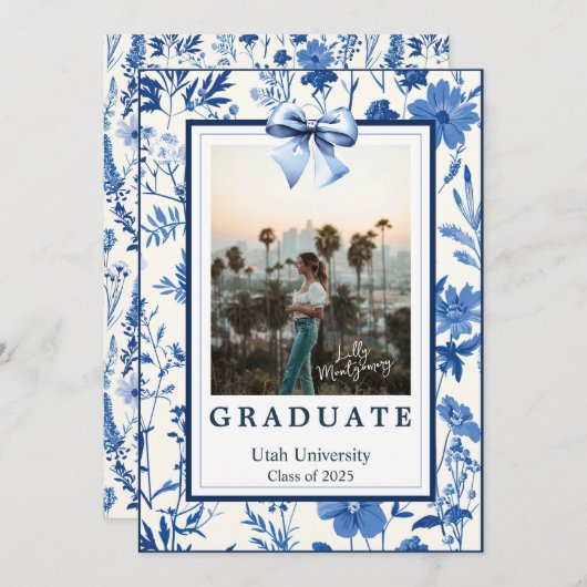 Coquette Toile Bow Foto Afstuderen Aankondiging (Voorkant / Achterkant)