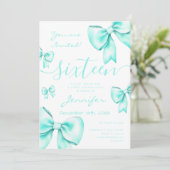 Coquette Turquoise Blauwgroen Bow Sweet 16 Party Kaart (Staand voorkant)