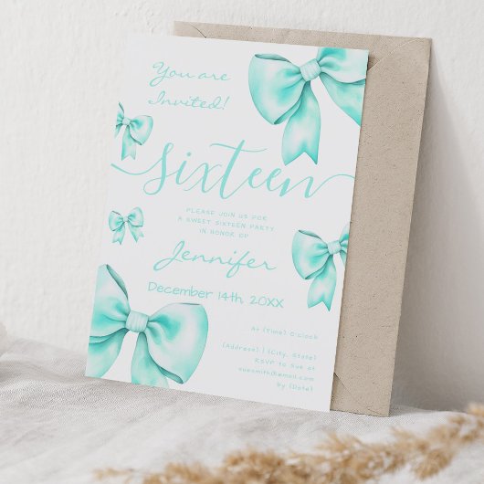 Coquette Turquoise Blauwgroen Bow Sweet 16 Party Kaart