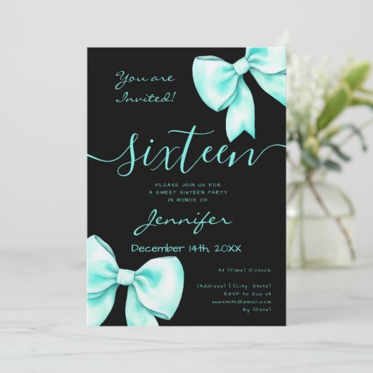 Coquette Turquoise Blauwgroen Bow Sweet 16 Party Z Kaart (Staand voorkant)