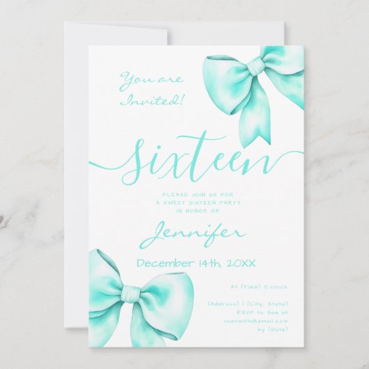 Coquette Turquoise Blauwgroen Bow Sweet 16 Verjaar Kaart (Voorkant)
