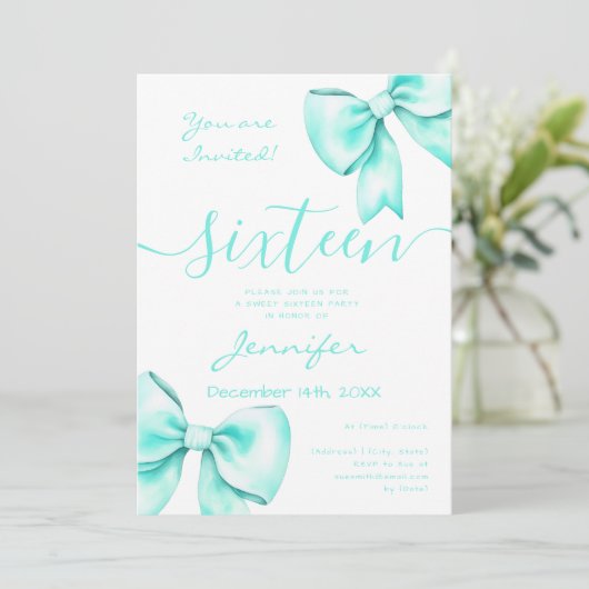 Coquette Turquoise Blauwgroen Bow Sweet 16 Verjaar Kaart (Staand voorkant)