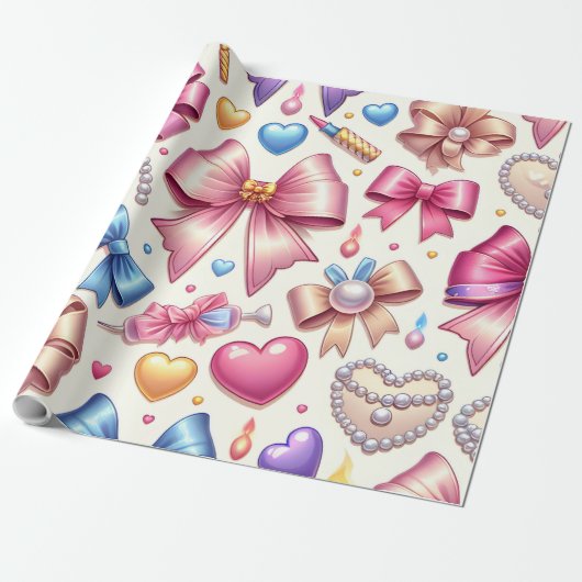Coquette Verjaardag Wrapping Papier, Bogen, Parels Cadeaupapier (Uitgerold)