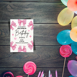 Coquette verjaardagsuitnodiging, roze strik esthet kaart