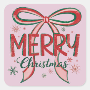 Coquette vrolijk kerstfeest Retro Kerstmis Strik V Vierkante Sticker