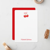 Coquette Waterverf Kersen & Bow Elegant Script Notitiekaartje (Voorkant / Achterkant in situ)