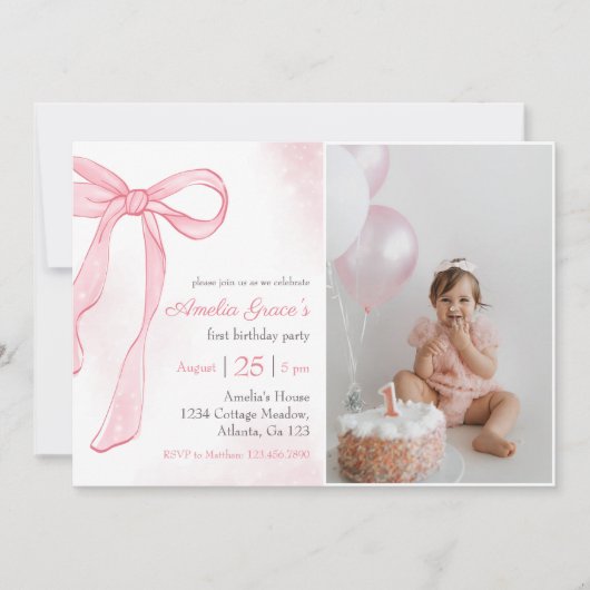 Coquette Waterverf Roze Schattige Boog 1e Verjaard Kaart (Voorkant)