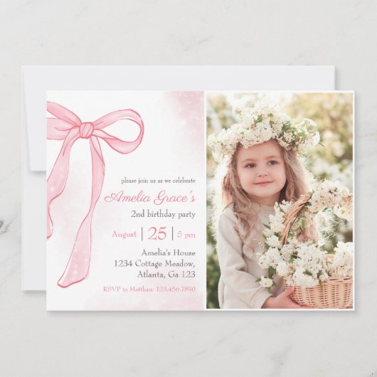 Coquette Waterverf Roze Schattige Boog 2e Verjaard Kaart (Voorkant)