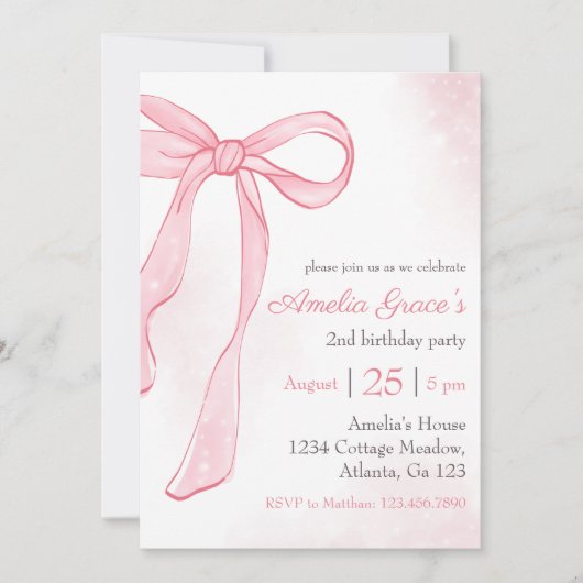 Coquette Waterverf Roze Schattige Boog 2e Verjaard Kaart (Voorkant)