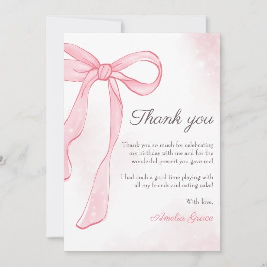 Coquette Waterverf Roze Schattigee strik Verjaarda Bedankkaart (Voorkant)