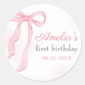 Coquette Waterverf Roze Schattigee strik Verjaarda Ronde Sticker (Voorkant)