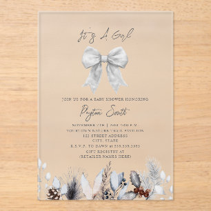 Coquette White Bow Winter Botanisch Baby shower Acryl Uitnodigingen