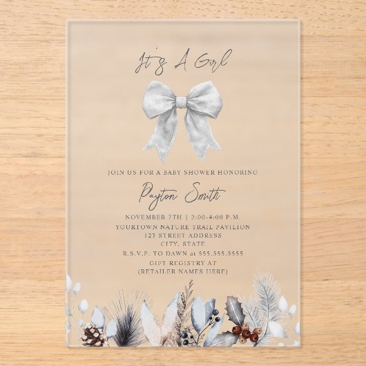 Coquette White Bow Winter Botanisch Baby shower Acryl Uitnodigingen (Voorkant)