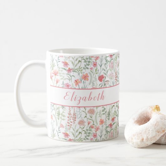 Coquette Wildflower Meadow Personalised Pink Koffiemok (Met donut)
