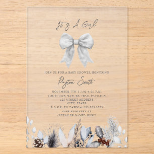 Coquette Witte Strik Winter Botanische Baby Shower Acryl Uitnodigingen