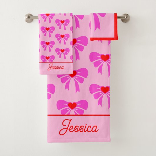 Coquette y2k Lint Patroon Rood & Roze Preppy Naam Bad Handdoek (Insitu)