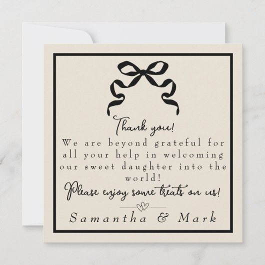 Coquette zwarte boog Arbeid & Levering NICU Zieken Bedankkaart (Voorkant)