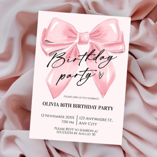 Coquettish Bow Pink Birthday Invitation Kaart