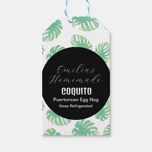 Coquito Recept Drank Kokosnoot Eier Nog Monstera Cadeaulabel (Voorkant)